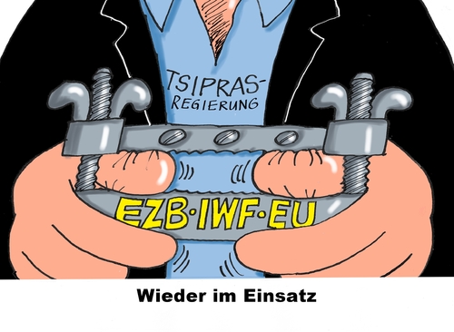 Cartoon: Daumenschrauben (medium) by RABE tagged griechenland,griechen,athen,tsipras,varoufakis,eu,euro,eurozone,rettungspaket,troika,ezb,iwf,finanzchefs,rabe,ralf,böhme,cartoon,karikatur,pressezeichnung,farbcartoon,tagescartoon,folter,daumenschrauben,foltergeräte,reformpaket,reformen,blitzreformen,schäuble,griechenland,griechen,athen,tsipras,varoufakis,eu,euro,eurozone,rettungspaket,troika,ezb,iwf,finanzchefs,rabe,ralf,böhme,cartoon,karikatur,pressezeichnung,farbcartoon,tagescartoon,folter,daumenschrauben,foltergeräte,reformpaket,reformen,blitzreformen,schäuble