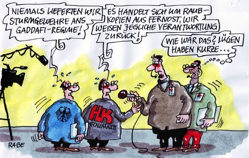 Cartoon: Der Lauf der Geschichte (medium) by RABE tagged bundesregierung,kanzlerin,cdu,fdp,waffenhersteller,rüstungsindustrie,waffenexporteur,waffenlobby,heckler,koch,waffenfabrik,gewehr,sturmgewehr,schusswaffen,rebellen,libyen,rebellenhochburg,gaddafi,regime,gewalt,terror,mord,folter,opposition,bürger,kämpfer,lieferung,export,gewinn,euro,raubkopien,fernost,china,verantwortung,zurückweisung,lügen,unwahrheit,kurz,beine,falschaussage,journalisten,interview,befragung,tv,fernsehsender,fernsehkamera,mikrofon,aufklärung,strafanzeige,der,bundesregierung,kanzlerin,cdu,fdp,waffenlobby,heckler,koch,waffenfabrik,waffenexporteur