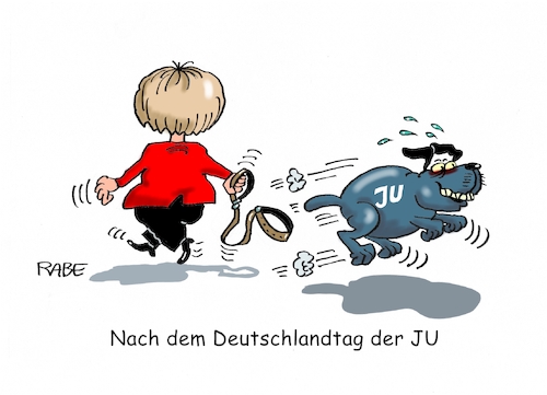 Cartoon: Deutschlandtag der JU II (medium) by RABE tagged junge,union,deutschlandtag,wahl,gruhner,kuban,bierzeltrede,merkel,abnabelung,rabe,ralf,böhme,cartoon,karikatur,pressezeichnung,farbcartoon,tagescartoon,kanzlerin,cdu,csu,akk,hund,halsband,freiheit,junge,union,deutschlandtag,wahl,gruhner,kuban,bierzeltrede,merkel,abnabelung,rabe,ralf,böhme,cartoon,karikatur,pressezeichnung,farbcartoon,tagescartoon,kanzlerin,cdu,csu,akk,hund,halsband,freiheit