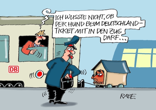 Cartoon: Deutschlandticket to Ride (medium) by RABE tagged verkehrswende,deutsche,bahn,bahnsteig,reisende,lautsprecher,rabe,ralf,böhme,cartoon,karikatur,pressezeichnung,farbcartoon,tagescartoon,deutschland,deutschlandticket,regionalbahn,ticket,bahnkunden,bahnreisende,verzögerungen,unklarheiten,schaffner,kelle,zug,hund,hundehütte,mitreisender,verkehrswende,deutsche,bahn,bahnsteig,reisende,lautsprecher,rabe,ralf,böhme,cartoon,karikatur,pressezeichnung,farbcartoon,tagescartoon,deutschland,deutschlandticket,regionalbahn,ticket,bahnkunden,bahnreisende,verzögerungen,unklarheiten,schaffner,kelle,zug,hund,hundehütte,mitreisender