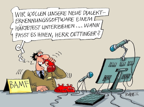 Cartoon: Dialkterkennung Oettinger (medium) by RABE tagged dialekterkennungssoftware,bamf,asylbewerber,integration,bundesamt,für,migration,ranbe,ralf,böhme,cartoon,karikatur,pressezeichnung,farbcartoon,tagescartoon,oettinger,eu,flüchtlinge,flüchtlingskrise,sprachtest,dialekterkennungssoftware,bamf,asylbewerber,integration,bundesamt,für,migration,ranbe,ralf,böhme,cartoon,karikatur,pressezeichnung,farbcartoon,tagescartoon,oettinger,eu,flüchtlinge,flüchtlingskrise,sprachtest