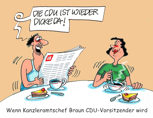 Cartoon: Dicke da (medium) by RABE tagged bundestagswahl,wahlkampf,osten,ddr,ostbeauftragter,bundesregierung,recht,rabe,ralf,böhme,cartoon,karikatur,pressezeichnung,farbcartoon,tagescartoon,parteivorsitz,parteispitze,kanzleramtschef,volker,braun,cdu,merz,röttgen,bewerbung,parteitag,frühstückstisch,mann,frau,zeitung,zeitungsschau,bundestagswahl,wahlkampf,osten,ddr,ostbeauftragter,bundesregierung,recht,rabe,ralf,böhme,cartoon,karikatur,pressezeichnung,farbcartoon,tagescartoon,parteivorsitz,parteispitze,kanzleramtschef,volker,braun,cdu,merz,röttgen,bewerbung,parteitag,frühstückstisch,mann,frau,zeitung,zeitungsschau