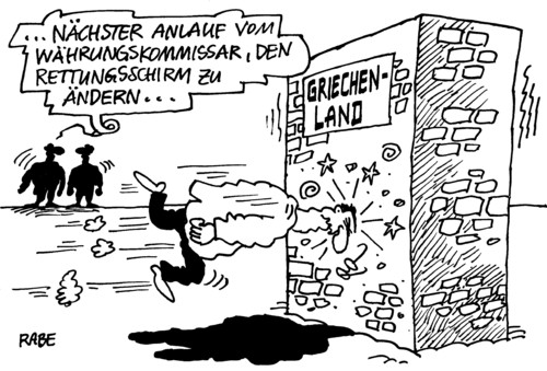 Cartoon: Dickschädel (medium) by RABE tagged euro,krise,brüssel,eu,währungsunion,merkel,kanzlerin,kommission,währungskommissar,rehn,anlauf,rettungsschirm,hilfspaket,griechenland,athen,schuldenkrise,aktien,börse,anleger,spekulanten,kredit,zinsen,dax,dowjones,ratingagentur,mauer,wand,beton,ziegel,kopf,kpfschmerzen,schädel,schädelbrummen,sterne,gehirnerschütterung,wall,euro,krise,eu,brüssel,kanzlerin,cdu,merkel,deutschland,frankreich,finanzminister,rettungsschirm