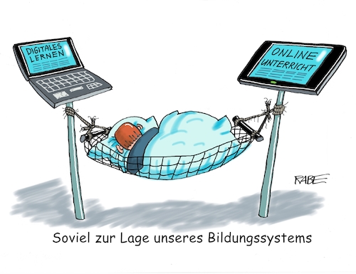 Cartoon: Digitales Lernen (medium) by RABE tagged virus,corona,pandemie,coronakrise,rabe,ralf,böhme,cartoon,karikatur,pressezeichnung,farbcartoon,tagescartoon,viren,virenschutz,mundschutz,desinfektion,föderal,föderalismus,ländersache,homeoffice,online,lernen,digitales,schüler,lehrer,bildung,bildungssystem,laptop,tablet,internet,bilsschirm,schlußlicht,deutschland,hängematte,digitalisierung,virus,corona,pandemie,coronakrise,rabe,ralf,böhme,cartoon,karikatur,pressezeichnung,farbcartoon,tagescartoon,viren,virenschutz,mundschutz,desinfektion,föderal,föderalismus,ländersache,homeoffice,online,lernen,digitales,schüler,lehrer,bildung,bildungssystem,laptop,tablet,internet,bilsschirm,schlußlicht,deutschland,hängematte,digitalisierung