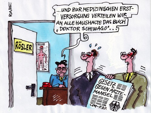 Cartoon: Doktorspiele (medium) by RABE tagged erste,hilfe,gesundheitminister,gesundheitsreform,rösler,fdp,koalition,cdu,kanzlerin,merkel,getz,gesetzbeschluß,ärztemangel,arztpraxis,dorf,land,doktor,schiwago,doktorspiel,patient,krankenkasse,kopfpauschale,krise,euro,erstversorgung,mediziner,haushalt,buch,roman,büro,schreibtisch,eckpunkte,schlußrunde,union,opposition,zuschlag,arbeitbedingungen,lockmittel,nachwuchsmangel,hilfe,gesundheitminister,gesundheitsreform,rösler,fdp,koalition,cdu,kanzlerin,merkel,gesetzbeschluß,ärztemangel,arztpraxis