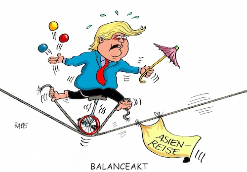 Cartoon: Drahtseilakt (medium) by RABE tagged trump,usa,präsident,donaöd,weltreise,staatsbesuch,saudi,arabien,islam,rabe,ralf,böhme,cartoon,karikatur,pressezeichnung,farbcartoon,tagescartoon,asienreise,japan,nordkorea,südkorea,atomstreckenraketen,atomtests,militäreinsatz,mittelstreckenraketen,diktator,kim,drahtseilakt,einrad,balance,balanceaktgreat,again,trump,usa,präsident,donaöd,weltreise,staatsbesuch,saudi,arabien,islam,rabe,ralf,böhme,cartoon,karikatur,pressezeichnung,farbcartoon,tagescartoon,asienreise,japan,nordkorea,südkorea,atomstreckenraketen,atomtests,militäreinsatz,mittelstreckenraketen,diktator,kim,drahtseilakt,einrad,balance,balanceaktgreat,again