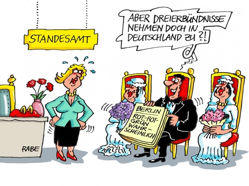 Cartoon: Dreierbündnis (medium) by RABE tagged berlin,berlinwahl,abgeordnetenhaus,senat,rot,grün,wahldebakel,fdp,cdu,spd,linke,afd,grüne,standesamt,rabe,ralf,böhme,cartoon,karikatur,pressezeichnung,farbcartoon,tagescartoon,standesbeamtin,braut,brautpaar,berlin,berlinwahl,abgeordnetenhaus,senat,rot,grün,wahldebakel,fdp,cdu,spd,linke,afd,grüne,standesamt,rabe,ralf,böhme,cartoon,karikatur,pressezeichnung,farbcartoon,tagescartoon,standesbeamtin,braut,brautpaar