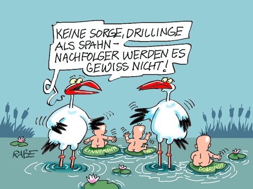 Cartoon: Drillinge (medium) by RABE tagged merz,kanzler,koalition,union,spd,klingbeil,cartoon,karikatur,pressezeichnung,farbcartoon,tagescartoon,db,bahn,frühling,frühjahr,frühjahrsputz,ice,zug,blumenkasten,blumenkästen,esc,songcontest,jens,spahn,fraktionsvorsitz,leihmutter,leihmutteraffäre,affäre,rücktritt,nachfolger,storch,teich,baby,seerose,alexander,dobrindt,torsten,frei,linnemann,drillinge,merz,kanzler,koalition,union,spd,klingbeil,cartoon,karikatur,pressezeichnung,farbcartoon,tagescartoon,db,bahn,frühling,frühjahr,frühjahrsputz,ice,zug,blumenkasten,blumenkästen,esc,songcontest,jens,spahn,fraktionsvorsitz,leihmutter,leihmutteraffäre,affäre,rücktritt,nachfolger,storch,teich,baby,seerose,alexander,dobrindt,torsten,frei,linnemann,drillinge