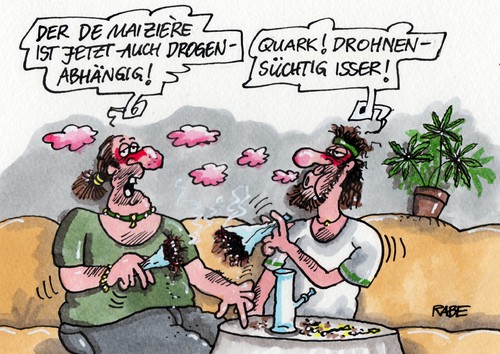 Cartoon: Drohnenabhängig (medium) by RABE tagged bundesverteidigungsminister,verteidigungsminister,de,maiziere,cdu,kabinett,bundeswehr,soldaten,afghanistaneinsatz,kampfdrohne,eurohawk,drohnendebakel,rabe,ralf,böhme,cartoon,karikatur,farbcartoon,pressezeichnung,drogen,drogensüchtig,drogenabhängig,crystal,speed,haschisch,hanf,drogenfahndung,drogenboss,joint,beschaffung,bewaffnung,aufrüstung,kosten,bundesverteidigungsminister,verteidigungsminister,de,maiziere,cdu,kabinett,bundeswehr,soldaten,afghanistaneinsatz,kampfdrohne,eurohawk,drohnendebakel,rabe,ralf,böhme,cartoon,karikatur,farbcartoon,pressezeichnung,drogen,drogensüchtig,drogenabhängig,crystal,speed,haschisch,hanf,drogenfahndung,drogenboss,joint,beschaffung,bewaffnung,aufrüstung,kosten