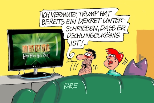 Cartoon: Dschungelcampkönig (medium) by RABE tagged donald,trump,kamala,harris,präsidentschaftswahl,usa,wahlkampf,joe,biden,rabe,ralf,böhme,cartoon,karikatur,pressezeichnung,farbcartoon,tagescartoon,mc,donalds,burger,dekret,unterschrift,präsident,erlass,amtseid,amtseinführung,rtl,tv,fernsehen,dschungelcamp,dschungelkönig,stars,promis,ekelprüfung,show,donald,trump,kamala,harris,präsidentschaftswahl,usa,wahlkampf,joe,biden,rabe,ralf,böhme,cartoon,karikatur,pressezeichnung,farbcartoon,tagescartoon,mc,donalds,burger,dekret,unterschrift,präsident,erlass,amtseid,amtseinführung,rtl,tv,fernsehen,dschungelcamp,dschungelkönig,stars,promis,ekelprüfung,show