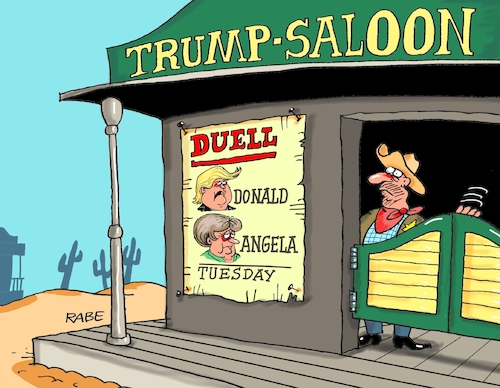 Cartoon: Duell (medium) by RABE tagged trump,präsident,usa,rede,bild,times,strafzoll,autobauer,bmw,rabe,ralf,böhme,cartoon,karikatur,pressezeichnung,farbcartoon,tagescartoon,merkel,kanzlerin,staatsbesuch,donald,angela,wirtschaftsabkommen,tuchfühlung,saloon,duell,duelllanten,trump,präsident,usa,rede,bild,times,strafzoll,autobauer,bmw,rabe,ralf,böhme,cartoon,karikatur,pressezeichnung,farbcartoon,tagescartoon,merkel,kanzlerin,staatsbesuch,donald,angela,wirtschaftsabkommen,tuchfühlung,saloon,duell,duelllanten