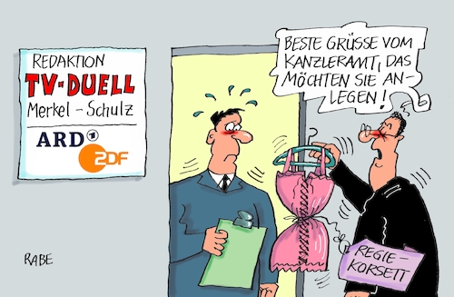 Cartoon: Duellanten (medium) by RABE tagged martin,schulz,spd,wahlkampf,bundestagswahl,beamte,rentenkasse,rabe,ralf,böhme,cartoon,karikatur,pressezeichnung,farbcartoon,tagescartoon,rentner,nahles,gleichberechtigung,tv,duell,korsett,vorschriften,wähler,umfragewerte,redaktion,ard,zdf,kanzleramt,martin,schulz,spd,wahlkampf,bundestagswahl,beamte,rentenkasse,rabe,ralf,böhme,cartoon,karikatur,pressezeichnung,farbcartoon,tagescartoon,rentner,nahles,gleichberechtigung,tv,duell,korsett,vorschriften,wähler,umfragewerte,redaktion,ard,zdf,kanzleramt