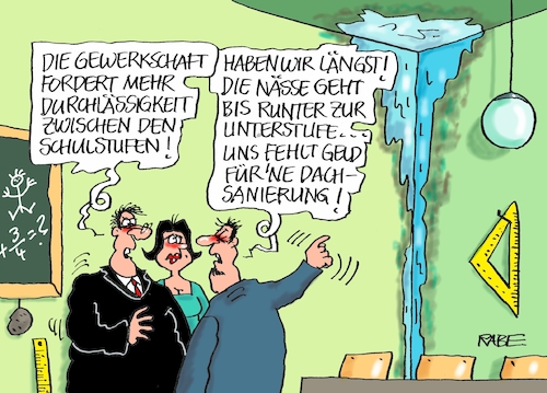 Cartoon: Durchlässigkeit (medium) by RABE tagged bildung,bildungspolitik,ländersache,digitalisierung,bund,grundgesetzänderung,rabe,ralf,böhme,cartoon,karikatur,pressezeichnung,farbcartoon,tagescartoon,lehrer,schüler,schultafel,märchenstunde,durchlässigkeit,gew,gewerkschaften,unterstufen,schulklassen,lehrermangel,nässe,wasserschaden,dach,dachsanierung,bildung,bildungspolitik,ländersache,digitalisierung,bund,grundgesetzänderung,rabe,ralf,böhme,cartoon,karikatur,pressezeichnung,farbcartoon,tagescartoon,lehrer,schüler,schultafel,märchenstunde,durchlässigkeit,gew,gewerkschaften,unterstufen,schulklassen,lehrermangel,nässe,wasserschaden,dach,dachsanierung