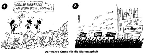 Cartoon: Eierknappheit (medium) by RABE tagged ostern,eier,hühner,dioxin,hamsterkäufe,eierwurf,eidotter,eigelb,eiweiss,legehennen,streik,arbeitskampf,gewerkschaften,verdi,lohnforderungen,lohnerhöhung,tarif,tarifabschluss,arbeitnehmer,arbeitgeber,ostern,eier,hühner,dioxin,hamsterkäufe