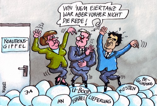 Cartoon: Eiersalat (medium) by RABE tagged kanzlerin,merkel,cdu,berlin,kanzleramt,spitzentreffen,koalitionsgipfel,koalition,schwarzgelb,dreiertreffen,seehofer,bayern,betreuungsgeld,herdprämie,kita,rösler,fdp,liberale,euro,eurokrise,schuldenkrise,fiskalpakt,energiewende,atomausstieg,israel,waffenlieferung,waffenlobby,atomraketen,unterseeboot,tauchboot,uboot,atomunterseeboot,atomuboot,kanzlerin,merkel,cdu,spitzentreffen,koalitionsgipfel,koalition,seehofer,bayern,betreuungsgeld