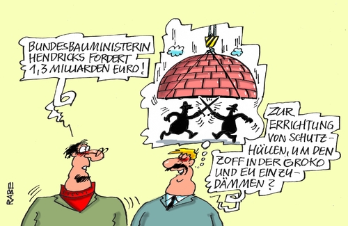 Cartoon: Eins auf die Glocke (medium) by RABE tagged hendricks,spd,bundesbauministerin,sozialer,wohnungsbau,milliarden,flüchtlinge,flüchtlingskrise,schutzhülle,baumaterial,ziegel,rabe,ralf,böhme,cartoon,karikatur,pressezeichnung,farbcartoon,tagescartoon,eu,euro,flüchtlingsproblematik,grenzkontrollen,griechenland,griechenlandpleite,hendricks,spd,bundesbauministerin,sozialer,wohnungsbau,milliarden,flüchtlinge,flüchtlingskrise,schutzhülle,baumaterial,ziegel,rabe,ralf,böhme,cartoon,karikatur,pressezeichnung,farbcartoon,tagescartoon,eu,euro,flüchtlingsproblematik,grenzkontrollen,griechenland,griechenlandpleite