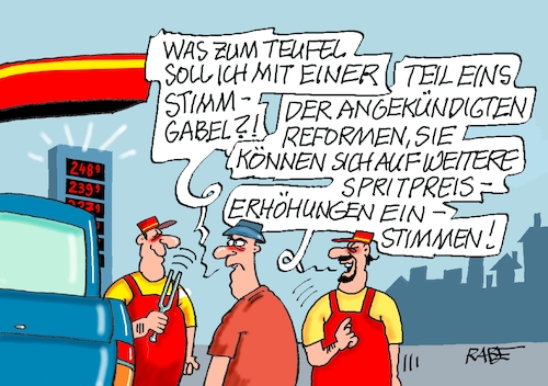 Cartoon: Einstimmung (medium) by RABE tagged merz,kanzler,koalition,union,spd,klingbeil,cartoon,karikatur,pressezeichnung,farbcartoon,tagescartoon,db,bahn,frühling,frühjahr,frühjahrsputz,ice,zug,blumenkasten,blumenkästen,bas,reformen,ankündigung,einstimmung,spritpreise,preiserhöhung,mineralölsteuer,stimmgabel,tankstelle,tankwart,zapfsäule,merz,kanzler,koalition,union,spd,klingbeil,cartoon,karikatur,pressezeichnung,farbcartoon,tagescartoon,db,bahn,frühling,frühjahr,frühjahrsputz,ice,zug,blumenkasten,blumenkästen,bas,reformen,ankündigung,einstimmung,spritpreise,preiserhöhung,mineralölsteuer,stimmgabel,tankstelle,tankwart,zapfsäule
