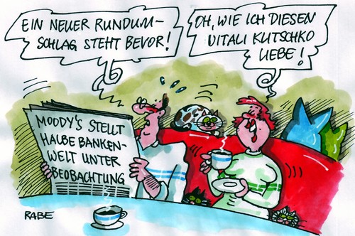 Cartoon: Eisenfaust (medium) by RABE tagged rating,ratingagentur,fitch,moodys,standard,and,poors,herabstufung,abwertung,kreditwürdigkeit,kredit,euro,eurokrise,schulden,banken,banker,grossbanken,bankenwelt,börse,spekulanten,börsengeschäfte,zahlungsfähigkeit,rundumschlag,eisenfaust,boxwettkampf,boxen,boxring,boxhandschuhe,vtali,klitschko,wladimir,mann,frau,kaffeetisch,zeitung,katzen,couch,geld,finanzen,rating,ratingagentur,moodys,kreditwürdigkeit