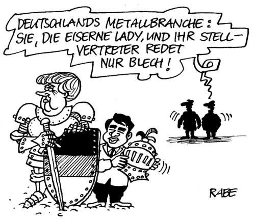 Cartoon: Eiserne Lady (medium) by RABE tagged merkel,kanzlerin,cdu,bundesregierung,bond,eurobonds,eu,eurokrise,eurogipfel,brüssel,finanzchefs,fiskalpakt,schuldenkrise,regierungserklärung,staatsverschuldung,eurozone,rettungsschirm,griechenland,spanien,rösler,blech,fdp,liberale,wirtschaftsminister,stellvertreter,rüstung,ritter,eisen,ritterrüstung,schild,schwert,helm,visier,lady,metall,metallbranche