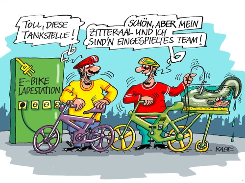 Cartoon: Elektrofahrräder (medium) by RABE tagged tankstelle,elektromotor,motorrad,radweg,radtour,biker,fahrrad,akku,ladestation,strom,zitteraal,aquarium,aal,tagescartoon,farbcartoon,pressezeichnung,karikatur,cartoon,böhme,ralf,rabe,kabel,stecker,steckdose,elektrofahrräder,bike,bike,elektrofahrräder,fahrrad,biker,radtour,radweg,motorrad,elektromotor,tankstelle,steckdose,stecker,kabel,rabe,ralf,böhme,cartoon,karikatur,pressezeichnung,farbcartoon,tagescartoon,aal,aquarium,zitteraal,strom,ladestation,akku