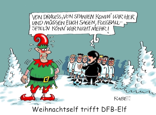 Cartoon: Elfentanz (medium) by RABE tagged löw,fussball,dfb,elf,spanien,deutschland,niederlage,nachwuchself,rabe,ralf,böhme,cartoon,karikatur,pressezeichnung,farbcartoon,tagescartoon,debakel,spielfeld,weihnachten,winter,schnee,weihnachtself,elfen,wichtel,geschenke,sport,corona,löw,fussball,dfb,elf,spanien,deutschland,niederlage,nachwuchself,rabe,ralf,böhme,cartoon,karikatur,pressezeichnung,farbcartoon,tagescartoon,debakel,spielfeld,weihnachten,winter,schnee,weihnachtself,elfen,wichtel,geschenke,sport,corona