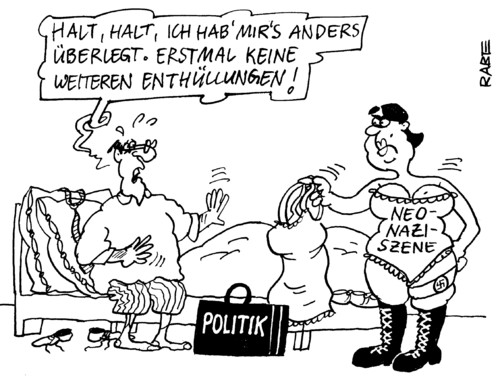 Cartoon: Enthülltes (medium) by RABE tagged innenausschuß,verfassungsschutz,bka,polizei,innenministertagung,innenminister,friedrich,csu,nazimorde,naziterror,terror,gewalt,neonazi,naziszene,rechte,rechts,enthüllung,bett,beischlaf,striptease,unterwäsche,braun,verfassungsschutz,bka,nazimorde,neonazi,naziszene,naziterror,terror,gewalt,nazis,nazi