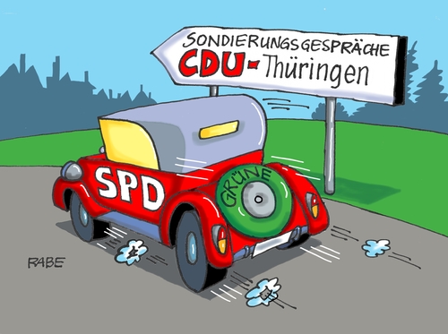 Cartoon: Ersatzreifen (medium) by RABE tagged thüringen,landtagswahl,landtag,lieberknecht,matschi,bausewein,ramelow,linke,cdu,grüne,spd,sondierung,sondierungsgespräche,koalition,koalitionsverhandlungen,rot,grün,schwarz,rotrotgrün,schwarzrotgrün,rabe,ralf,böhme,cartoon,karikatur,pressezeichnung,farbcartoon,tagescartoon,reifen,ersatzreifen,ersatzrad,straße,pkw,oldtimer,thüringen,landtagswahl,landtag,lieberknecht,matschi,bausewein,ramelow,linke,cdu,grüne,spd,sondierung,sondierungsgespräche,koalition,koalitionsverhandlungen,rot,grün,schwarz,rotrotgrün,schwarzrotgrün,rabe,ralf,böhme,cartoon,karikatur,pressezeichnung,farbcartoon,tagescartoon,reifen,ersatzreifen,ersatzrad,straße,pkw,oldtimer