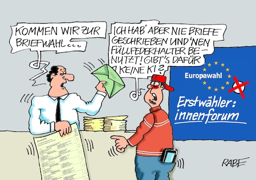 Cartoon: Erstwählerforum (medium) by RABE tagged wahl,wahlomat,wahlkämpfer,europawahl,landtagswahl,wähler,wahlplakate,rabe,ralf,böhme,cartoon,karikatur,pressezeichnung,farbcartoon,tagescartoon,briefwahl,briefwähler,stimmzettel,brief,briefkuvert,erstwähler,erstwählerinnen,erstwählerforum,füller,ki,füllfederhalter,wahl,wahlomat,wahlkämpfer,europawahl,landtagswahl,wähler,wahlplakate,rabe,ralf,böhme,cartoon,karikatur,pressezeichnung,farbcartoon,tagescartoon,briefwahl,briefwähler,stimmzettel,brief,briefkuvert,erstwähler,erstwählerinnen,erstwählerforum,füller,ki,füllfederhalter