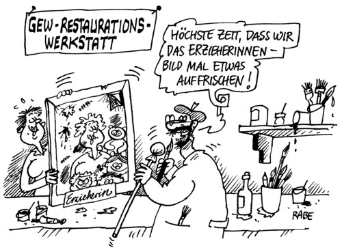 Cartoon: Erzieherinnenbild (medium) by RABE tagged gewerkschaft,gew,erzieherin,kita,kindergarten,vorschule,bildung,bildungswesen,mädchen,jungen,erziehungsmaßnahme,kindergartenplatz,eltern,mann,frau,ehepaar,restauration,restaurator,werkstatt,auffrischen,bild,gemälde,kunstwerk,ölgemälde,acryl,pinsel,farbe,öl,firnis,reinigung,bildungsauftrag,spachtel,schwamm,lappen,malstock,lineal,bildungsmisere,gewerkschaft,gew,erzieherin,kita,kindergarten,vorschule,bildung,bildungswesen,mädchen,jungen,erziehungsmaßnahme,kindergartenplatz,werkstatt