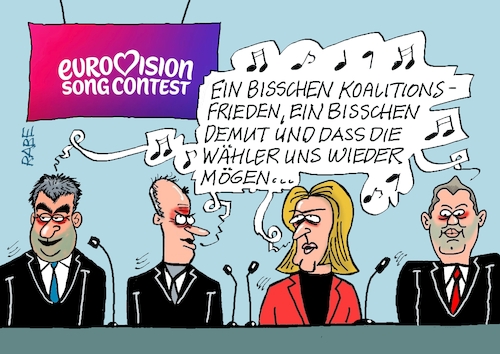 Cartoon: ESC (medium) by RABE tagged merz,kanzler,koalition,union,spd,klingbeil,cartoon,karikatur,pressezeichnung,farbcartoon,tagescartoon,db,bahn,frühling,frühjahr,frühjahrsputz,ice,zug,blumenkasten,blumenkästen,koalitionsstreit,uneinigkeit,reform,tankrabatt,geschlossenheit,umfragewerte,umfragetief,esc,songcontest,nicole,frieden,friedenslied,reue,demut,koalitionsfrieden,bas,söder,sänger,künstler,wien,musik,schlager,pop,unterhaltung,show,merz,kanzler,koalition,union,spd,klingbeil,cartoon,karikatur,pressezeichnung,farbcartoon,tagescartoon,db,bahn,frühling,frühjahr,frühjahrsputz,ice,zug,blumenkasten,blumenkästen,koalitionsstreit,uneinigkeit,reform,tankrabatt,geschlossenheit,umfragewerte,umfragetief,esc,songcontest,nicole,frieden,friedenslied,reue,demut,koalitionsfrieden,bas,söder,sänger,künstler,wien,musik,schlager,pop,unterhaltung,show