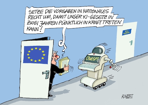 Cartoon: EU und KI (medium) by RABE tagged chatgpt,rechner,ki,it,computer,roboter,internet,rabe,ralf,böhme,cartoon,karikatur,pressezeichnung,farbcartoon,tagescartoon,eu,europa,sicherheit,kontrolle,gesetz,brüssel,vorgaben,umsetzug,recht,nationen,daten,software,intelligenz,chatgpt,rechner,ki,it,computer,roboter,internet,rabe,ralf,böhme,cartoon,karikatur,pressezeichnung,farbcartoon,tagescartoon,eu,europa,sicherheit,kontrolle,gesetz,brüssel,vorgaben,umsetzug,recht,nationen,daten,software,intelligenz