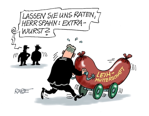 Cartoon: Extrawurst (medium) by RABE tagged merz,kanzler,koalition,union,spd,klingbeil,cartoon,karikatur,pressezeichnung,farbcartoon,tagescartoon,db,bahn,frühling,frühjahr,frühjahrsputz,ice,zug,blumenkasten,blumenkästen,esc,songcontest,spahn,jens,extrawurst,leihmutter,leihmutterschaft,verbot,kinderwagen,eltern,kinderwunsch,doppelmoral,baby,merz,kanzler,koalition,union,spd,klingbeil,cartoon,karikatur,pressezeichnung,farbcartoon,tagescartoon,db,bahn,frühling,frühjahr,frühjahrsputz,ice,zug,blumenkasten,blumenkästen,esc,songcontest,spahn,jens,extrawurst,leihmutter,leihmutterschaft,verbot,kinderwagen,eltern,kinderwunsch,doppelmoral,baby