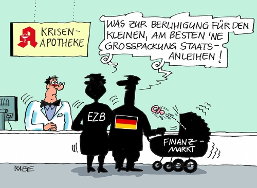 Cartoon: EZB (medium) by RABE tagged ezb,staatsanleihe,finanzmärkte,banken,börse,bundesverfassungsgericht,rabe,ralf,böhme,cartoon,karikatur,pressezeichnung,farbcartoon,tagescartoon,krise,krisenkurs,auflagen,ernstfall,euro,krisenstaaten,apotheke,kinderwagen,eltern,schnuller,großpackung,ezb,staatsanleihe,finanzmärkte,banken,börse,bundesverfassungsgericht,rabe,ralf,böhme,cartoon,karikatur,pressezeichnung,farbcartoon,tagescartoon,krise,krisenkurs,auflagen,ernstfall,euro,krisenstaaten,apotheke,kinderwagen,eltern,schnuller,großpackung