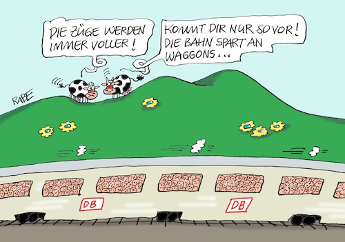 Cartoon: Fahrgastzahlen DB (medium) by RABE tagged db,dgl,tarif,tarifstreit,tarifverhandlungen,weselsky,bahnchefs,lohnforderungen,streik,rabe,ralf,böhme,cartoon,karikatur,pressezeichnung,fabcartoon,tagescartoon,fahrgäste,fahrgastzahlen,steigerung,einnahmen,einnahmeeinbußen,gewinn,kühe,weide,gewinnverluste,fernzüge,reisende,db,dgl,tarif,tarifstreit,tarifverhandlungen,weselsky,bahnchefs,lohnforderungen,streik,rabe,ralf,böhme,cartoon,karikatur,pressezeichnung,fabcartoon,tagescartoon,fahrgäste,fahrgastzahlen,steigerung,einnahmen,einnahmeeinbußen,gewinn,kühe,weide,gewinnverluste,fernzüge,reisende