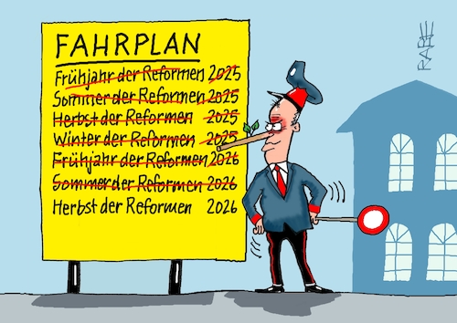 Cartoon: Fahrplan (medium) by RABE tagged merz,kanzler,koalition,union,spd,klingbeil,cartoon,karikatur,pressezeichnung,farbcartoon,tagescartoon,db,bahn,frühling,frühjahr,frühjahrsputz,ice,zug,blumenkasten,blumenkästen,esc,songcontest,klausur,klausurtagung,schloss,neuhardenburg,reform,reformfarplan,herbst,sommer,winter,lüge,schaffner,merz,kanzler,koalition,union,spd,klingbeil,cartoon,karikatur,pressezeichnung,farbcartoon,tagescartoon,db,bahn,frühling,frühjahr,frühjahrsputz,ice,zug,blumenkasten,blumenkästen,esc,songcontest,klausur,klausurtagung,schloss,neuhardenburg,reform,reformfarplan,herbst,sommer,winter,lüge,schaffner