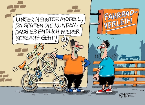 Cartoon: Fahrradverleih (medium) by RABE tagged freizeit,radler,fahrrad,radfahrer,bergtour,radweg,rabe,ralf,böhme,cartoon,karikatur,pressezeichnung,farbcartoon,tagescartoon,radverleih,fahrradverleih,ausleihstation,inflation,teuerung,preissteigerung,kriege,corona,kürzungen,radwanderungen,freizeit,radler,fahrrad,radfahrer,bergtour,radweg,rabe,ralf,böhme,cartoon,karikatur,pressezeichnung,farbcartoon,tagescartoon,radverleih,fahrradverleih,ausleihstation,inflation,teuerung,preissteigerung,kriege,corona,kürzungen,radwanderungen