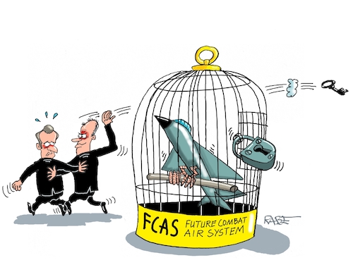 Cartoon: FCAS (medium) by RABE tagged merz,kanzler,koalition,union,spd,klingbeil,cartoon,karikatur,pressezeichnung,farbcartoon,tagescartoon,db,bahn,frühling,frühjahr,frühjahrsputz,ice,zug,blumenkasten,blumenkästen,esc,songcontest,deutschland,frankreich,macron,kampfjet,kampfjetprojekt,stopp,uneinigkeit,rüstungskonzern,aufrüstung,rüstungsfirmen,käfig,vogel,schloss,schlüssel,merz,kanzler,koalition,union,spd,klingbeil,cartoon,karikatur,pressezeichnung,farbcartoon,tagescartoon,db,bahn,frühling,frühjahr,frühjahrsputz,ice,zug,blumenkasten,blumenkästen,esc,songcontest,deutschland,frankreich,macron,kampfjet,kampfjetprojekt,stopp,uneinigkeit,rüstungskonzern,aufrüstung,rüstungsfirmen,käfig,vogel,schloss,schlüssel