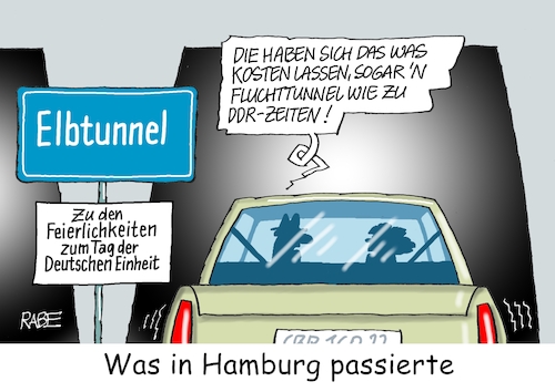 Cartoon: Feierlaune (medium) by RABE tagged einheit,einheitsfeier,feiertag,vereinigung,deutschlan,hamburg,rabe,ralf,böhme,carton,karikatur,pressezeichnung,farbcartoon,tagescartoon,festakt,elbtunnel,pkw,tunnel,fluchttunnel,ddr,einheit,einheitsfeier,feiertag,vereinigung,deutschlan,hamburg,rabe,ralf,böhme,carton,karikatur,pressezeichnung,farbcartoon,tagescartoon,festakt,elbtunnel,pkw,tunnel,fluchttunnel,ddr