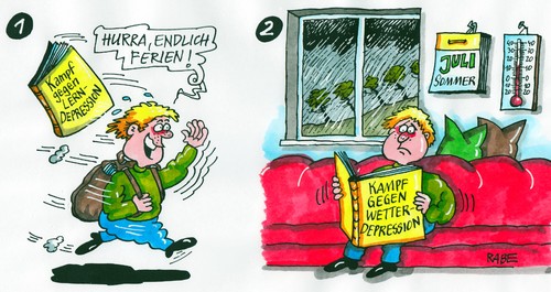 Cartoon: Feriendepressionen (medium) by RABE tagged ferien,sommerferien,zeugnisse,schulschluß,schüler,lehrer,schule,zeugnisausgabe,zensuren,ferienbeginn,erholung,sommerwetter,baden,schwimmen,lernen,depressionen,lerndepression,wetterdepression,unwetter,sauwetter,regen,regenwetter,juli,ferien,sommerferien,zeugnisse,schulschluß,schüler,lehrer,schule,zeugnisausgabe,zensuren,ferienbeginn