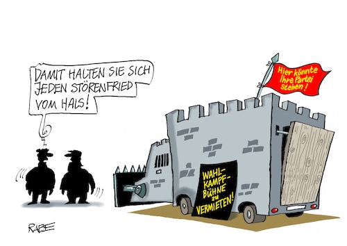 Cartoon: Feste Burg (medium) by RABE tagged wahl,wahlomat,wahlkämpfer,europawahl,landtagswahl,wähler,wahlplakate,rabe,ralf,böhme,cartoon,karikatur,pressezeichnung,farbcartoon,tagescartoon,gewalt,sanitäter,notaufnahme,notarzt,wahlkampf,burg,festung,zugbrücke,schutz,wahlbühne,wahlauftritt,sicherheit,wahl,wahlomat,wahlkämpfer,europawahl,landtagswahl,wähler,wahlplakate,rabe,ralf,böhme,cartoon,karikatur,pressezeichnung,farbcartoon,tagescartoon,gewalt,sanitäter,notaufnahme,notarzt,wahlkampf,burg,festung,zugbrücke,schutz,wahlbühne,wahlauftritt,sicherheit