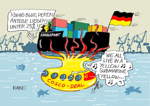 Cartoon: Festgesaugt (medium) by RABE tagged cosco,china,peking,hamburg,hafen,container,rabe,ralf,böhme,cartoon,karikatur,pressezeichnung,farbcartoon,tagescartoon,drachen,containerhafen,olaf,scholz,krake,tintenfisch,kopffüsser,octupus,beatles,yellow,submarine,cosco,china,peking,hamburg,hafen,container,rabe,ralf,böhme,cartoon,karikatur,pressezeichnung,farbcartoon,tagescartoon,drachen,containerhafen,olaf,scholz,krake,tintenfisch,kopffüsser,octupus,beatles,yellow,submarine