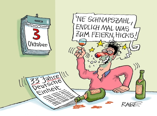 Cartoon: Feuchtfröhliches (medium) by RABE tagged einheitsfeier,einheit,einheitsfeiertag,feiertag,vereinigung,deutschland,mauerfall,rabe,ralf,böhme,cartoon,karikatur,pressezeichnung,farbcartoon,tagescartoon,datum,oktober,abreisskalender,kalenderblätter,alkohol,schnaps,schnapszahl,schnapsglas,besoffener,betrunkener,feierlaune,einheitsfeier,einheit,einheitsfeiertag,feiertag,vereinigung,deutschland,mauerfall,rabe,ralf,böhme,cartoon,karikatur,pressezeichnung,farbcartoon,tagescartoon,datum,oktober,abreisskalender,kalenderblätter,alkohol,schnaps,schnapszahl,schnapsglas,besoffener,betrunkener,feierlaune