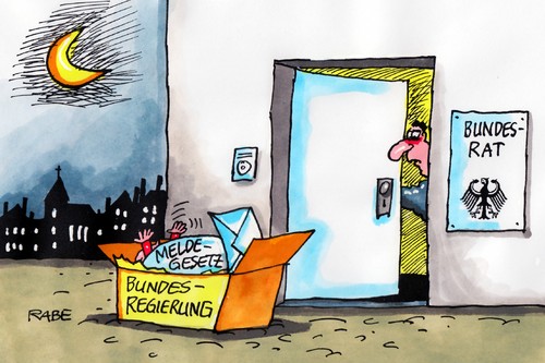 Cartoon: Findelkind (medium) by RABE tagged meldegesetz,meldung,einwohnermeldeamt,bundesinnenminister,friedrich,csu,bundesregierung,bundesrat,bundestag,seibert,merkel,kind,baby,stadt,findelkind,meldebehörde,gesetz,gesetzentwurf,daten,weitergabe,datenschutz,bürger,widerspruch,meldegsetz,bundestag,beschluss,schwarz,meldeamt,meldebehörde,datenschutz