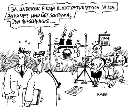 Cartoon: Firmenoptimismus (medium) by RABE tagged firma,bilanz,aufschwung,büro,mitarbeiter,euro,computer,schreibtisch,chef,betriebsklima,abreißkalender,papierkorb,diagramm,optimismus,aufschwung,euro,bilanz,wirtschaftsminister,firma,büro,schreibtisch,computer,papierkorb,reck,sportgerät,abreißkalender,konjunktur