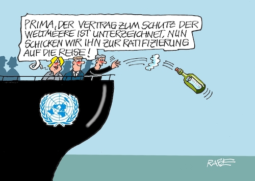 Cartoon: Flaschenpostler (medium) by RABE tagged un,sicherheitsrat,tagung,new,un,sicherheitsrat,tagung,abkommen,unterzeichnung,rabe,ralf,böhme,cartoon,karikatur,pressezeichnung,farbcartoon,klimawandel