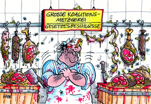 Cartoon: Fleischbeschau (medium) by RABE tagged überhang,überhangmandat,karlsruhe,bundesverfassungsgericht,verfassungsgericht,wahlen,bundestagswahl,wähler,wahlrecht,verfassungswidrig,streitpunkt,bundesregierung,sitze,bundestag,koalition,schwarzgelb,fdp,cdu,gesetzesbeschlüsse,richter,metzgerei,fleischerei,metzger,schlachter,fleisch,fleischbeschau,beil,messer,knochen,wurst,würste,schinken,salamie,maden,fleigen,gestank,schimmelverwesung,blut,blutspritzer