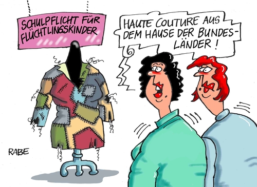 Cartoon: Flickenteppich (medium) by RABE tagged flüchtlinge,flüchtlingskinder,schule,asylanten,unterricht,bundesländer,schulpflicht,rabe,ralf,böhme,cartoon,karikatur,pressezeichnung,farbcartoon,tagescartoon,kleid,anzug,ständer,plan,stundenplan,integration,lehrplan,flüchtlinge,flüchtlingskinder,schule,asylanten,unterricht,bundesländer,schulpflicht,rabe,ralf,böhme,cartoon,karikatur,pressezeichnung,farbcartoon,tagescartoon,kleid,anzug,ständer,plan,stundenplan,integration,lehrplan