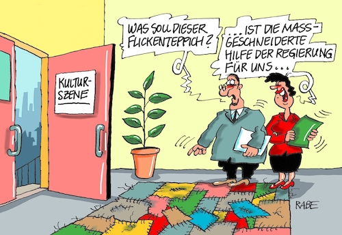 Cartoon: Flickschusterei (medium) by RABE tagged virus,corona,pandemie,coronakrise,rabe,ralf,böhme,cartoon,karikatur,pressezeichnung,farbcartoon,tagescartoon,viren,virenschutz,mundschutz,desinfektion,föderal,föderalismus,ländersache,kultur,kulturschaffende,flickenteppich,flickschusterei,hilfe,hilfsgelder,bundesregierung,soforthilfe,künstler,kulturbetriebe,virus,corona,pandemie,coronakrise,rabe,ralf,böhme,cartoon,karikatur,pressezeichnung,farbcartoon,tagescartoon,viren,virenschutz,mundschutz,desinfektion,föderal,föderalismus,ländersache,kultur,kulturschaffende,flickenteppich,flickschusterei,hilfe,hilfsgelder,bundesregierung,soforthilfe,künstler,kulturbetriebe