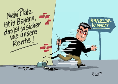 Cartoon: Flotte Sohle (medium) by RABE tagged bayern,söder,ministerpräsident,csu,münchen,landtagswahl,rabe,ralf,böhme,cartoon,karikatur,pressezeichnung,farbcartoon,tagescartoon,kanzler,kanzlerkandidat,kanzlerkandidatur,kanzleramt,verzicht,absage,rente,wahlkampf,hauswand,pinsel,farbe,wegweiser,bayern,söder,ministerpräsident,csu,münchen,landtagswahl,rabe,ralf,böhme,cartoon,karikatur,pressezeichnung,farbcartoon,tagescartoon,kanzler,kanzlerkandidat,kanzlerkandidatur,kanzleramt,verzicht,absage,rente,wahlkampf,hauswand,pinsel,farbe,wegweiser