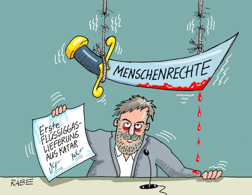 Cartoon: Flüssiggas (medium) by RABE tagged gas,gassparen,gasnotstand,gasgeben,sanktionen,gasspeicher,gasheizung,rabe,ralf,böhme,cartoon,karikatur,pressezeichnung,farbcartoon,tagescartoon,robert,habeck,putin,ukrainekrieg,wumms,doppelwumms,lng,flüssiggas,flüssiggaslieferung,katar,deutschlan,habecl,grüne,menschenrechte,boykott,fußball,wm,fußballweltmeisterschaft,damokles,damoklesschwert,blut,gas,gassparen,gasnotstand,gasgeben,sanktionen,gasspeicher,gasheizung,rabe,ralf,böhme,cartoon,karikatur,pressezeichnung,farbcartoon,tagescartoon,robert,habeck,putin,ukrainekrieg,wumms,doppelwumms,lng,flüssiggas,flüssiggaslieferung,katar,deutschlan,habecl,grüne,menschenrechte,boykott,fußball,wm,fußballweltmeisterschaft,damokles,damoklesschwert,blut